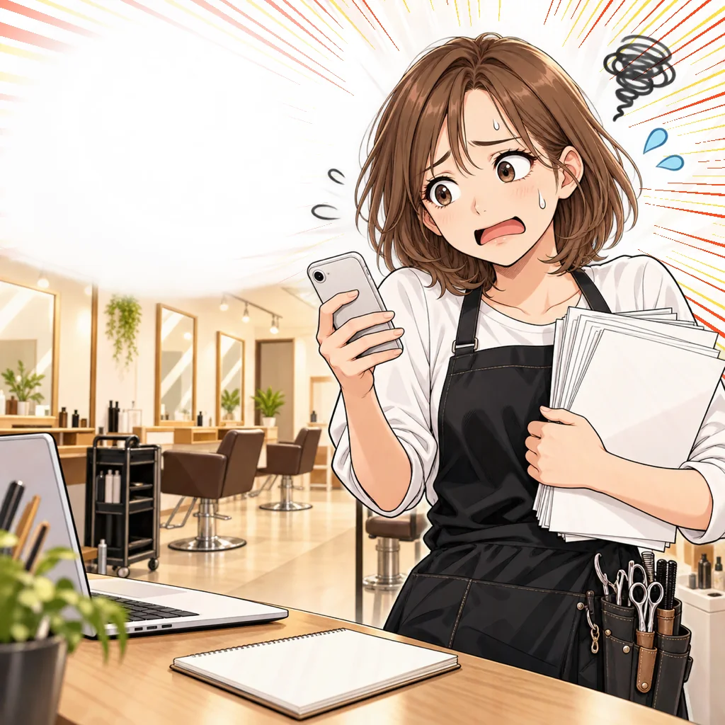 閉店後のサロンで、スマホとチラシを抱えて困っている美容師の漫画